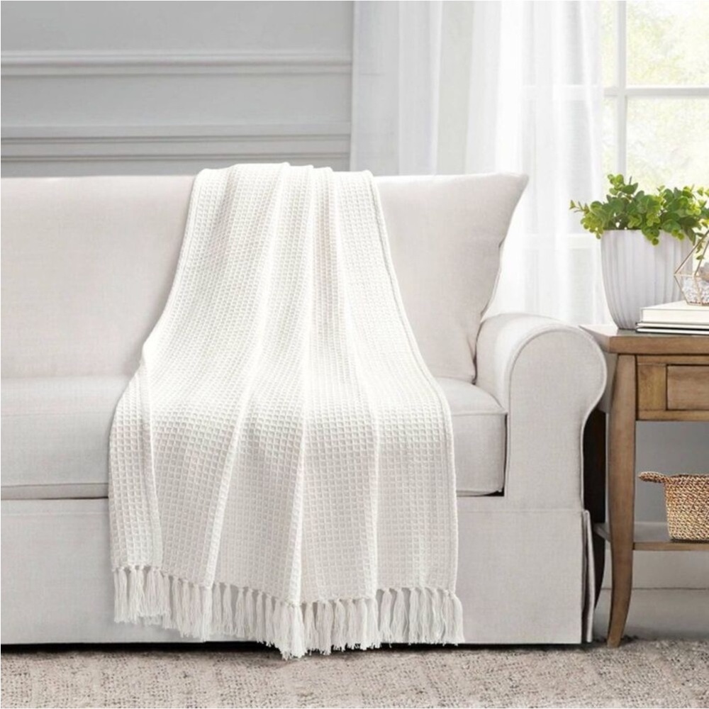 Lush Decor - 50"x60" Waffle Cotton Knit Throw Blanket, Cotton, White